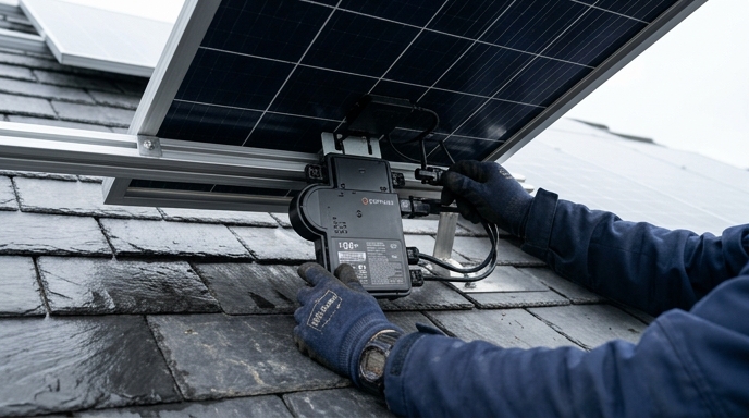 How to Choose the Right Solar Inverter for Your Home 2 Solar panels installed on a grey slate roof of a typical Irish semi-detached house