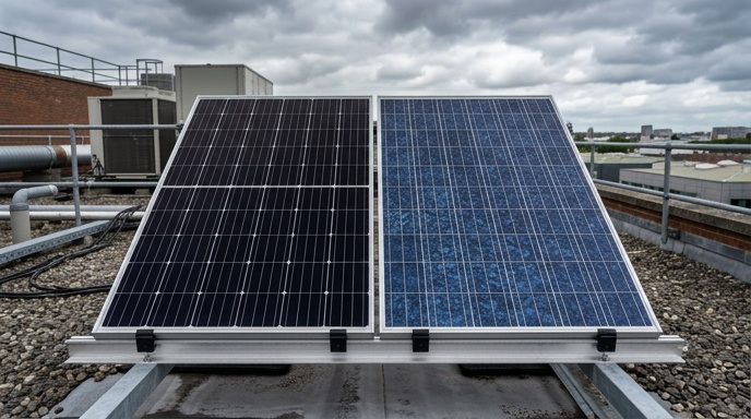 Which Solar Panels Are Best for Commercial Sites? 1 Aerial view of solar panels installed on a commercial building rooftop in Ireland