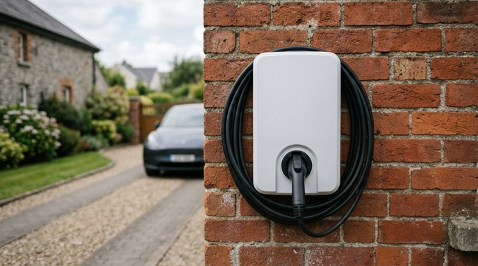 EV Charger Grant in Ireland: 2026 SEAI Rates and How to Apply 1 Electric vehicle plugged into a home charger outside an Irish suburban house