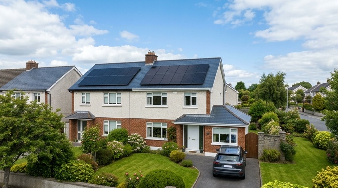 Thermodynamic Solar Panels in Ireland: How They Work, Costs and Reviews 3 Homeowner inspecting a thermodynamic solar panel on the gable wall of an Irish bungalow